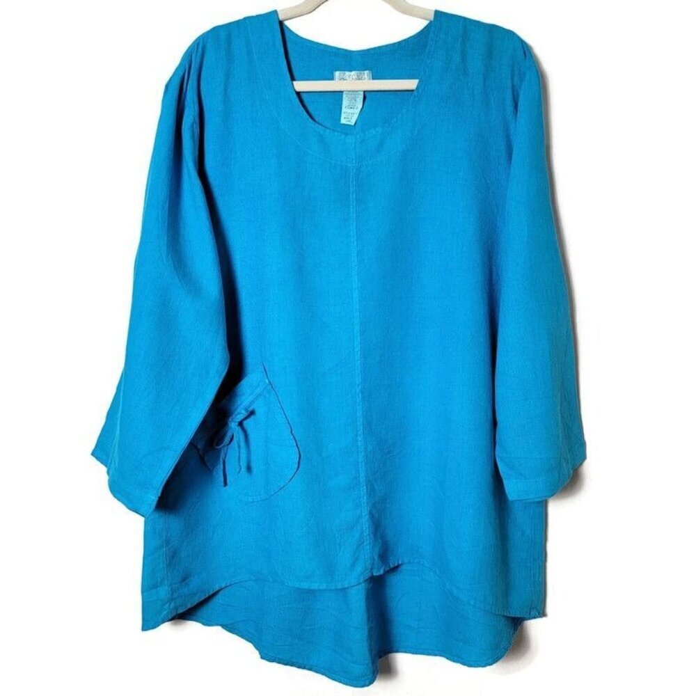 Mosaic USA Aqua Linen Boho Lagenlook Beachy Tunic Top Blouse L